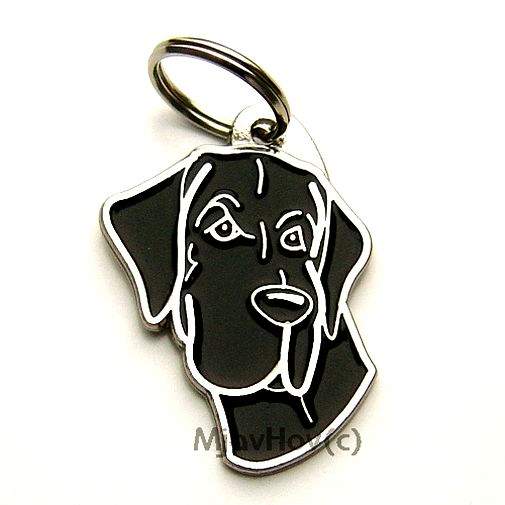 Custom personalized dog name tag GREAT DANE BLACK
Color: colored/silver 
Dim: 30 x 40 mm
Engraving area: 
18 x 20 mm
Metal, chrome plated pet tag.
 
Personalized laser engraving on the back side included.

Hand made 
MADE IN SLOVENIA

In stock.
