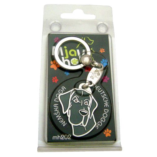 Custom personalized dog name tag GREAT DANE BLUE
Color: colored/silver 
Dim: 30 x 40 mm
Engraving area: 
18 x 20 mm
Metal, chrome plated pet tag.
 
Personalized laser engraving on the back side included.

Hand made 
MADE IN SLOVENIA

In stock.
