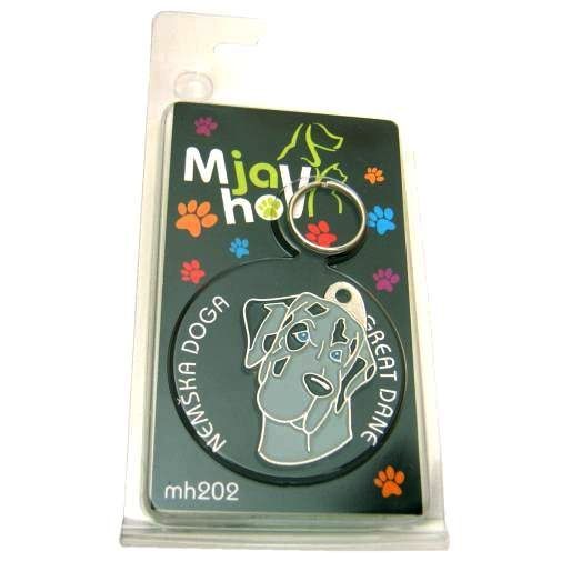 Custom personalized dog name tag GREAT DANE BLUE MERLE
Color: colored/silver 
Dim: 30 x 40 mm
Engraving area: 
18 x 20 mm
Metal, chrome plated pet tag.
 
Personalized laser engraving on the back side included.

Hand made 
MADE IN SLOVENIA

In stock.
