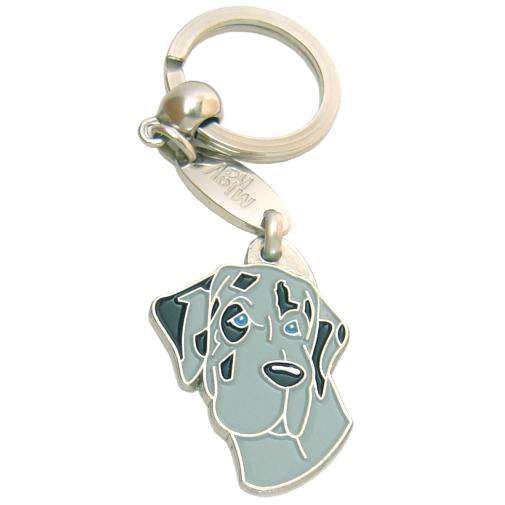 Custom personalized dog name tag Great dane blue merle

This unique, cute and quality dog id tag is offered with laser engraved name and phone no. or your custom text. Stainless steel split ring for easy attachment to your pets collar. All items are also available as keychains.
Gift for dogs and dog lovers.

Color: colored/silver
Size: 30 x 40 mm

Engraving area: 18 x 20 mm
Laser engraving personalization on the back side is included in the price. Enter the text you wish to have engraved. Suggestion: dog's name and phone number. We engrave on the back side of the tag. Engraving will be centered and easy to read. If you go over the recommended count then the text becomes smaller, and harder to read.

Metal, chrome plated dog tag or key ring. 
Hand made, hand colored, made in Slovenia. 

In stock.
