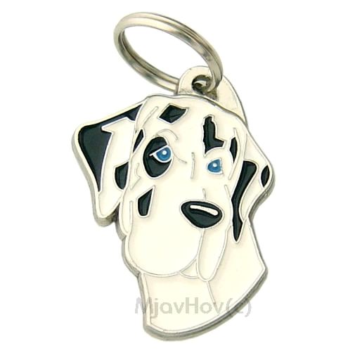 Custom personalized dog name tag Great dane harlequin

This unique, cute and quality dog id tag is offered with laser engraved name and phone no. or your custom text. Stainless steel split ring for easy attachment to your pets collar. All items are also available as keychains.
Gift for dogs and dog lovers.

Color: colored/silver
Size: 30 x 40 mm

Engraving area: 18 x 20 mm
Laser engraving personalization on the back side is included in the price. Enter the text you wish to have engraved. Suggestion: dog's name and phone number. We engrave on the back side of the tag. Engraving will be centered and easy to read. If you go over the recommended count then the text becomes smaller, and harder to read.

Metal, chrome plated dog tag or key ring. 
Hand made, hand colored, made in Slovenia. 

In stock.
