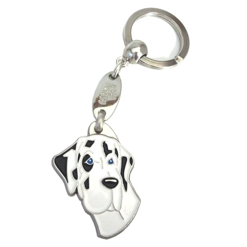 Custom personalized dog name tag Great dane harlequin

This unique, cute and quality dog id tag is offered with laser engraved name and phone no. or your custom text. Stainless steel split ring for easy attachment to your pets collar. All items are also available as keychains.
Gift for dogs and dog lovers.

Color: colored/silver
Size: 30 x 40 mm

Engraving area: 18 x 20 mm
Laser engraving personalization on the back side is included in the price. Enter the text you wish to have engraved. Suggestion: dog's name and phone number. We engrave on the back side of the tag. Engraving will be centered and easy to read. If you go over the recommended count then the text becomes smaller, and harder to read.

Metal, chrome plated dog tag or key ring. 
Hand made, hand colored, made in Slovenia. 

In stock.
