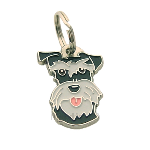 Custom personalized dog name tag Schnauzer black silver

This unique, cute and quality dog id tag is offered with laser engraved name and phone no. or your custom text. Stainless steel split ring for easy attachment to your pets collar. All items are also available as keychains.
Gift for dogs and dog lovers.

Color: colored/silver
Size: 24 x 33 mm

Engraving area: 20 x 11 mm
Laser engraving personalization on the back side is included in the price. Enter the text you wish to have engraved. Suggestion: dog's name and phone number. We engrave on the back side of the tag. Engraving will be centered and easy to read. If you go over the recommended count then the text becomes smaller, and harder to read.

Metal, chrome plated dog tag or key ring. 
Hand made, hand colored, made in Slovenia. 

In stock.
