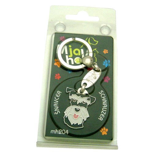 Custom personalized dog name tag Schnauzer black silver

This unique, cute and quality dog id tag is offered with laser engraved name and phone no. or your custom text. Stainless steel split ring for easy attachment to your pets collar. All items are also available as keychains.
Gift for dogs and dog lovers.

Color: colored/silver
Size: 24 x 33 mm

Engraving area: 20 x 11 mm
Laser engraving personalization on the back side is included in the price. Enter the text you wish to have engraved. Suggestion: dog's name and phone number. We engrave on the back side of the tag. Engraving will be centered and easy to read. If you go over the recommended count then the text becomes smaller, and harder to read.

Metal, chrome plated dog tag or key ring. 
Hand made, hand colored, made in Slovenia. 

In stock.
