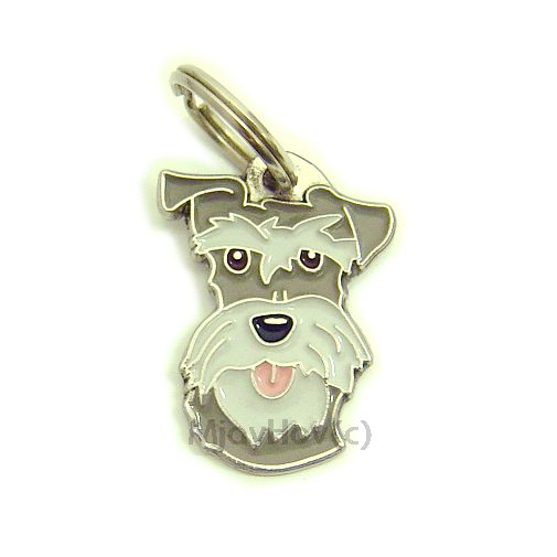 Custom personalized dog name tag Schnauzer pepper salt

This unique, cute and quality dog id tag is offered with laser engraved name and phone no. or your custom text. Stainless steel split ring for easy attachment to your pets collar. All items are also available as keychains.
Gift for dogs and dog lovers.

Color: colored/silver
Size: 24 x 33 mm

Engraving area: 20 x 11 mm
Laser engraving personalization on the back side is included in the price. Enter the text you wish to have engraved. Suggestion: dog's name and phone number. We engrave on the back side of the tag. Engraving will be centered and easy to read. If you go over the recommended count then the text becomes smaller, and harder to read.

Metal, chrome plated dog tag or key ring. 
Hand made, hand colored, made in Slovenia. 

In stock.
