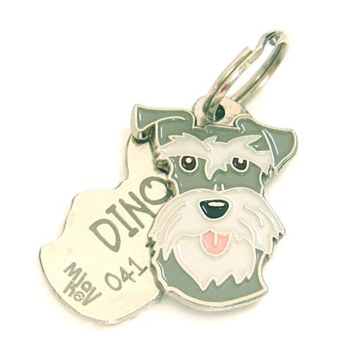 Custom personalized dog name tag Schnauzer pepper salt

This unique, cute and quality dog id tag is offered with laser engraved name and phone no. or your custom text. Stainless steel split ring for easy attachment to your pets collar. All items are also available as keychains.
Gift for dogs and dog lovers.

Color: colored/silver
Size: 24 x 33 mm

Engraving area: 20 x 11 mm
Laser engraving personalization on the back side is included in the price. Enter the text you wish to have engraved. Suggestion: dog's name and phone number. We engrave on the back side of the tag. Engraving will be centered and easy to read. If you go over the recommended count then the text becomes smaller, and harder to read.

Metal, chrome plated dog tag or key ring. 
Hand made, hand colored, made in Slovenia. 

In stock.

