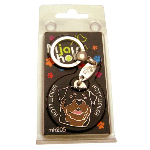 Custom personalized dog name tag Rottweiler

This unique, cute and quality dog id tag is offered with laser engraved name and phone no. or your custom text. Stainless steel split ring for easy attachment to your pets collar. All items are also available as keychains.
Gift for dogs and dog lovers.

Color: colored/silver
Size: 30 x 35 mm

Engraving area: 20 x 20 mm
Laser engraving personalization on the back side is included in the price. Enter the text you wish to have engraved. Suggestion: dog's name and phone number. We engrave on the back side of the tag. Engraving will be centered and easy to read. If you go over the recommended count then the text becomes smaller, and harder to read.

Metal, chrome plated dog tag or key ring. 
Hand made, hand colored, made in Slovenia. 

In stock.
