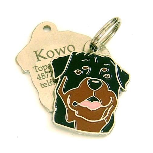 Custom personalized dog name tag Rottweiler

This unique, cute and quality dog id tag is offered with laser engraved name and phone no. or your custom text. Stainless steel split ring for easy attachment to your pets collar. All items are also available as keychains.
Gift for dogs and dog lovers.

Color: colored/silver
Size: 30 x 35 mm

Engraving area: 20 x 20 mm
Laser engraving personalization on the back side is included in the price. Enter the text you wish to have engraved. Suggestion: dog's name and phone number. We engrave on the back side of the tag. Engraving will be centered and easy to read. If you go over the recommended count then the text becomes smaller, and harder to read.

Metal, chrome plated dog tag or key ring. 
Hand made, hand colored, made in Slovenia. 

In stock.
