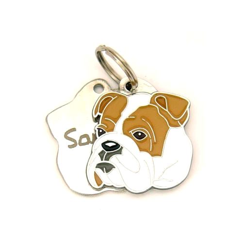 Custom personalized dog name tag Bulldog

This unique, cute and quality dog id tag is offered with laser engraved name and phone no. or your custom text. Stainless steel split ring for easy attachment to your pets collar. All items are also available as keychains.
Gift for dogs and dog lovers.

Color: colored/silver
Size: 33 x 34 mm

Engraving area: 22 x 20 mm
Laser engraving personalization on the back side is included in the price. Enter the text you wish to have engraved. Suggestion: dog's name and phone number. We engrave on the back side of the tag. Engraving will be centered and easy to read. If you go over the recommended count then the text becomes smaller, and harder to read.

Metal, chrome plated dog tag or key ring. 
Hand made, hand colored, made in Slovenia. 

In stock.

