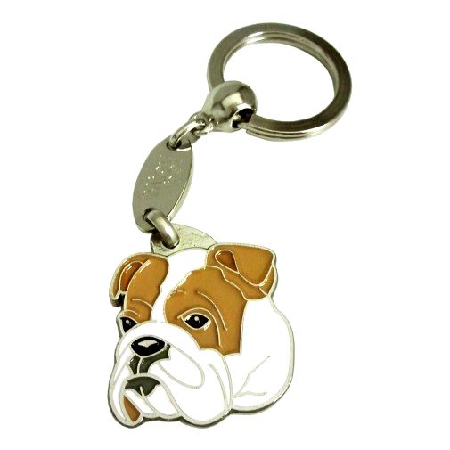 Custom personalized dog name tag Bulldog

This unique, cute and quality dog id tag is offered with laser engraved name and phone no. or your custom text. Stainless steel split ring for easy attachment to your pets collar. All items are also available as keychains.
Gift for dogs and dog lovers.

Color: colored/silver
Size: 33 x 34 mm

Engraving area: 22 x 20 mm
Laser engraving personalization on the back side is included in the price. Enter the text you wish to have engraved. Suggestion: dog's name and phone number. We engrave on the back side of the tag. Engraving will be centered and easy to read. If you go over the recommended count then the text becomes smaller, and harder to read.

Metal, chrome plated dog tag or key ring. 
Hand made, hand colored, made in Slovenia. 

In stock.
