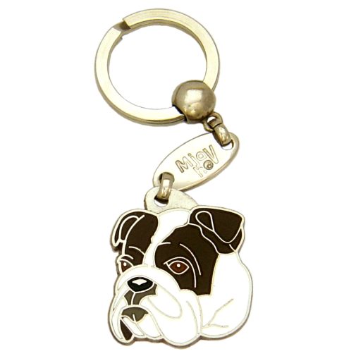 Custom personalized dog name tag Bulldog white brindle

This unique, cute and quality dog id tag is offered with laser engraved name and phone no. or your custom text. Stainless steel split ring for easy attachment to your pets collar. All items are also available as keychains.
Gift for dogs and dog lovers.

Color: colored/silver
Size: 33 x 34 mm

Engraving area: 22 x 20 mm
Laser engraving personalization on the back side is included in the price. Enter the text you wish to have engraved. Suggestion: dog's name and phone number. We engrave on the back side of the tag. Engraving will be centered and easy to read. If you go over the recommended count then the text becomes smaller, and harder to read.

Metal, chrome plated dog tag or key ring. 
Hand made, hand colored, made in Slovenia. 

In stock.
