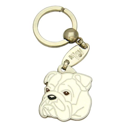 Custom personalized dog name tag Bulldog white

This unique, cute and quality dog id tag is offered with laser engraved name and phone no. or your custom text. Stainless steel split ring for easy attachment to your pets collar. All items are also available as keychains.
Gift for dogs and dog lovers.

Color: colored/silver
Size: 33 x 34 mm

Engraving area: 22 x 20 mm
Laser engraving personalization on the back side is included in the price. Enter the text you wish to have engraved. Suggestion: dog's name and phone number. We engrave on the back side of the tag. Engraving will be centered and easy to read. If you go over the recommended count then the text becomes smaller, and harder to read.

Metal, chrome plated dog tag or key ring. 
Hand made, hand colored, made in Slovenia. 

In stock.
