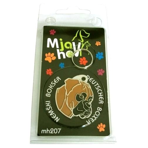 Custom personalized dog name tag Boxer fawn

This unique, cute and quality dog id tag is offered with laser engraved name and phone no. or your custom text. Stainless steel split ring for easy attachment to your pets collar. All items are also available as keychains.
Gift for dogs and dog lovers.

Color: colored/silver
Size: 29 x 33 mm

Engraving area: 18 x 17 mm
Laser engraving personalization on the back side is included in the price. Enter the text you wish to have engraved. Suggestion: dog's name and phone number. We engrave on the back side of the tag. Engraving will be centered and easy to read. If you go over the recommended count then the text becomes smaller, and harder to read.

Metal, chrome plated dog tag or key ring. 
Hand made, hand colored, made in Slovenia. 

In stock.
