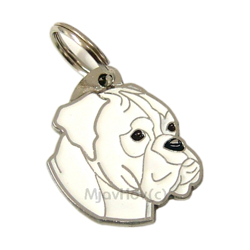 Custom personalized dog name tag Boxer white

This unique, cute and quality dog id tag is offered with laser engraved name and phone no. or your custom text. Stainless steel split ring for easy attachment to your pets collar. All items are also available as keychains.
Gift for dogs and dog lovers.

Color: colored/silver
Size: 29 x 33 mm

Engraving area: 18 x 17 mm
Laser engraving personalization on the back side is included in the price. Enter the text you wish to have engraved. Suggestion: dog's name and phone number. We engrave on the back side of the tag. Engraving will be centered and easy to read. If you go over the recommended count then the text becomes smaller, and harder to read.

Metal, chrome plated dog tag or key ring. 
Hand made, hand colored, made in Slovenia. 

In stock.
