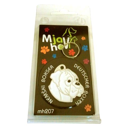 Custom personalized dog name tag Boxer white

This unique, cute and quality dog id tag is offered with laser engraved name and phone no. or your custom text. Stainless steel split ring for easy attachment to your pets collar. All items are also available as keychains.
Gift for dogs and dog lovers.

Color: colored/silver
Size: 29 x 33 mm

Engraving area: 18 x 17 mm
Laser engraving personalization on the back side is included in the price. Enter the text you wish to have engraved. Suggestion: dog's name and phone number. We engrave on the back side of the tag. Engraving will be centered and easy to read. If you go over the recommended count then the text becomes smaller, and harder to read.

Metal, chrome plated dog tag or key ring. 
Hand made, hand colored, made in Slovenia. 

In stock.
