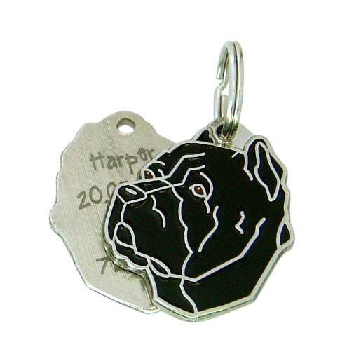 Custom personalized dog name tag Cane corso cropped ears black

This unique, cute and quality dog id tag is offered with laser engraved name and phone no. or your custom text. Stainless steel split ring for easy attachment to your pets collar. All items are also available as keychains.
Gift for dogs and dog lovers.

Color: colored/silver
Size: 30 x 35 mm

Engraving area: 20 x 20 mm
Laser engraving personalization on the back side is included in the price. Enter the text you wish to have engraved. Suggestion: dog's name and phone number. We engrave on the back side of the tag. Engraving will be centered and easy to read. If you go over the recommended count then the text becomes smaller, and harder to read.

Metal, chrome plated dog tag or key ring. 
Hand made, hand colored, made in Slovenia. 

In stock.

