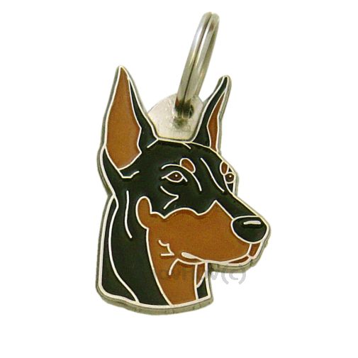 Custom personalized dog name tag Doberman cropped ears

This unique, cute and quality dog id tag is offered with laser engraved name and phone no. or your custom text. Stainless steel split ring for easy attachment to your pets collar. All items are also available as keychains.
Gift for dogs and dog lovers.

Color: colored/silver
Size: 25 x 38 mm

Engraving area: 17 x 17 mm
Laser engraving personalization on the back side is included in the price. Enter the text you wish to have engraved. Suggestion: dog's name and phone number. We engrave on the back side of the tag. Engraving will be centered and easy to read. If you go over the recommended count then the text becomes smaller, and harder to read.

Metal, chrome plated dog tag or key ring. 
Hand made, hand colored, made in Slovenia. 

In stock.
