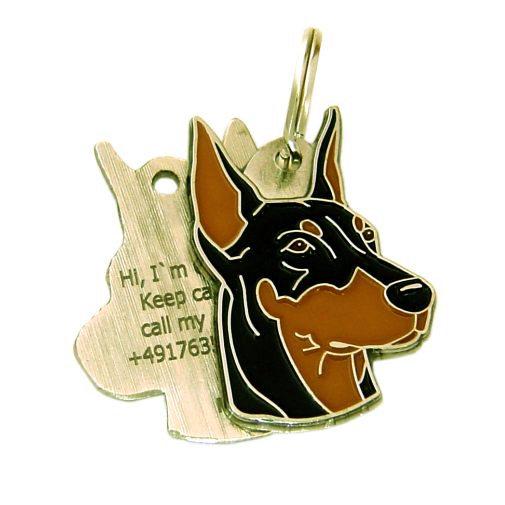 Custom personalized dog name tag Doberman cropped ears

This unique, cute and quality dog id tag is offered with laser engraved name and phone no. or your custom text. Stainless steel split ring for easy attachment to your pets collar. All items are also available as keychains.
Gift for dogs and dog lovers.

Color: colored/silver
Size: 25 x 38 mm

Engraving area: 17 x 17 mm
Laser engraving personalization on the back side is included in the price. Enter the text you wish to have engraved. Suggestion: dog's name and phone number. We engrave on the back side of the tag. Engraving will be centered and easy to read. If you go over the recommended count then the text becomes smaller, and harder to read.

Metal, chrome plated dog tag or key ring. 
Hand made, hand colored, made in Slovenia. 

In stock.
