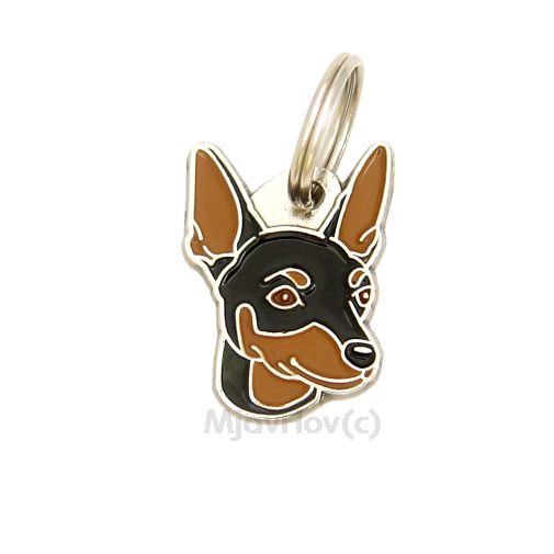 Custom personalized dog name tag Miniature pinscher black & tan

This unique, cute and quality dog id tag is offered with laser engraved name and phone no. or your custom text. Stainless steel split ring for easy attachment to your pets collar. All items are also available as keychains.
Gift for dogs and dog lovers.

Color: colored/silver
Size: 22 x 30 mm

Engraving area: 17 x 12 mm
Laser engraving personalization on the back side is included in the price. Enter the text you wish to have engraved. Suggestion: dog's name and phone number. We engrave on the back side of the tag. Engraving will be centered and easy to read. If you go over the recommended count then the text becomes smaller, and harder to read.

Metal, chrome plated dog tag or key ring. 
Hand made, hand colored, made in Slovenia. 

In stock.

