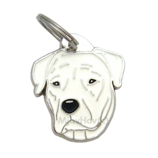Custom personalized dog name tag Dogo argentino

This unique, cute and quality dog id tag is offered with laser engraved name and phone no. or your custom text. Stainless steel split ring for easy attachment to your pets collar. All items are also available as keychains.
Gift for dogs and dog lovers.

Color: colored/silver
Size: 29 x 33 mm

Engraving area: 20 x 16 mm
Laser engraving personalization on the back side is included in the price. Enter the text you wish to have engraved. Suggestion: dog's name and phone number. We engrave on the back side of the tag. Engraving will be centered and easy to read. If you go over the recommended count then the text becomes smaller, and harder to read.

Metal, chrome plated dog tag or key ring. 
Hand made, hand colored, made in Slovenia. 

In stock.
