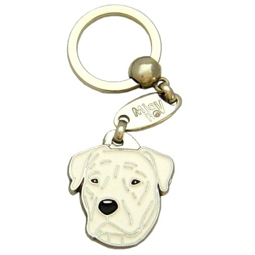 Custom personalized dog name tag Dogo argentino

This unique, cute and quality dog id tag is offered with laser engraved name and phone no. or your custom text. Stainless steel split ring for easy attachment to your pets collar. All items are also available as keychains.
Gift for dogs and dog lovers.

Color: colored/silver
Size: 29 x 33 mm

Engraving area: 20 x 16 mm
Laser engraving personalization on the back side is included in the price. Enter the text you wish to have engraved. Suggestion: dog's name and phone number. We engrave on the back side of the tag. Engraving will be centered and easy to read. If you go over the recommended count then the text becomes smaller, and harder to read.

Metal, chrome plated dog tag or key ring. 
Hand made, hand colored, made in Slovenia. 

In stock.
