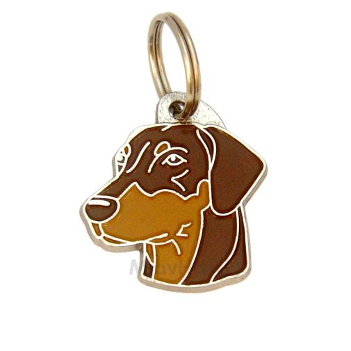 Custom personalized dog name tag Doberman brown

This unique, cute and quality dog id tag is offered with laser engraved name and phone no. or your custom text. Stainless steel split ring for easy attachment to your pets collar. All items are also available as keychains.
Gift for dogs and dog lovers.

Color: colored/silver
Size: 28 x 32 mm

Engraving area: 19 x 16 mm
Laser engraving personalization on the back side is included in the price. Enter the text you wish to have engraved. Suggestion: dog's name and phone number. We engrave on the back side of the tag. Engraving will be centered and easy to read. If you go over the recommended count then the text becomes smaller, and harder to read.

Metal, chrome plated dog tag or key ring. 
Hand made, hand colored, made in Slovenia. 

In stock.
