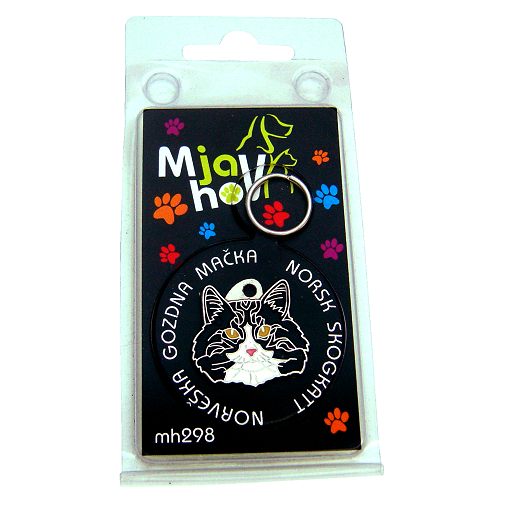 Custom personalized cat name tag Norwegian forest cat black and white

This unique, cute and quality cat id tag is offered with laser engraved name and phone no. or your custom text. Stainless steel split ring for easy attachment to your pets collar. All items are also available as keychains.
Gift for cats and cat lovers.

Color: colored/silver
Size: 29 x 25 mm

Engraving area: 20 x 15 mm
Laser engraving personalization on the back side is included in the price. Enter the text you wish to have engraved. Suggestion: cat's name and phone number. We engrave on the back side of the tag. Engraving will be centered and easy to read. If you go over the recommended count then the text becomes smaller, and harder to read.

Metal, chrome plated cat tag or key ring. 
Hand made, hand colored, made in Slovenia. 

In stock.
