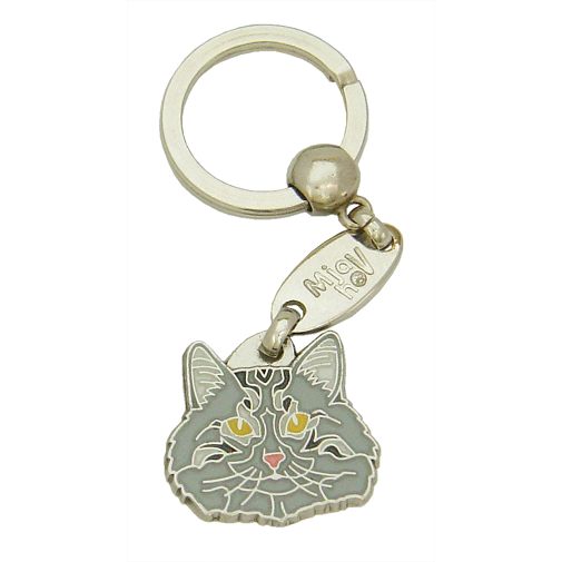 Custom personalized cat name tag Norwegian forest cat grey

This unique, cute and quality cat id tag is offered with laser engraved name and phone no. or your custom text. Stainless steel split ring for easy attachment to your pets collar. All items are also available as keychains.
Gift for cats and cat lovers.

Color: colored/silver
Size: 29 x 25 mm

Engraving area: 20 x 15 mm
Laser engraving personalization on the back side is included in the price. Enter the text you wish to have engraved. Suggestion: cat's name and phone number. We engrave on the back side of the tag. Engraving will be centered and easy to read. If you go over the recommended count then the text becomes smaller, and harder to read.

Metal, chrome plated cat tag or key ring. 
Hand made, hand colored, made in Slovenia. 

In stock.
