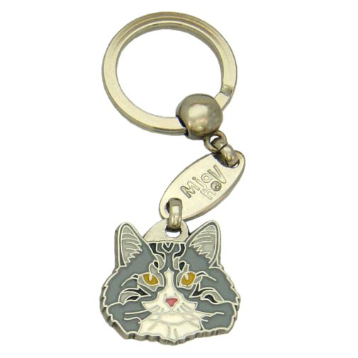 Custom personalized cat name tag Norwegian forest cat white grey

This unique, cute and quality cat id tag is offered with laser engraved name and phone no. or your custom text. Stainless steel split ring for easy attachment to your pets collar. All items are also available as keychains.
Gift for cats and cat lovers.

Color: colored/silver
Size: 29 x 25 mm

Engraving area: 20 x 15 mm
Laser engraving personalization on the back side is included in the price. Enter the text you wish to have engraved. Suggestion: cat's name and phone number. We engrave on the back side of the tag. Engraving will be centered and easy to read. If you go over the recommended count then the text becomes smaller, and harder to read.

Metal, chrome plated cat tag or key ring. 
Hand made, hand colored, made in Slovenia. 

In stock.
