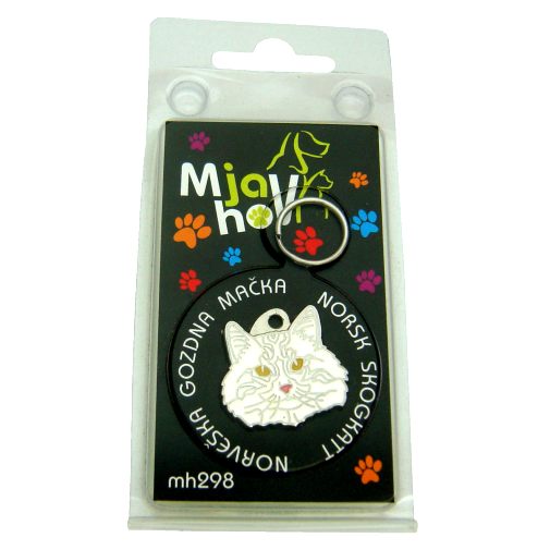 Custom personalized cat name tag Norwegian forest cat white

This unique, cute and quality cat id tag is offered with laser engraved name and phone no. or your custom text. Stainless steel split ring for easy attachment to your pets collar. All items are also available as keychains.
Gift for cats and cat lovers.

Color: colored/silver
Size: 29 x 25 mm

Engraving area: 20 x 15 mm
Laser engraving personalization on the back side is included in the price. Enter the text you wish to have engraved. Suggestion: cat's name and phone number. We engrave on the back side of the tag. Engraving will be centered and easy to read. If you go over the recommended count then the text becomes smaller, and harder to read.

Metal, chrome plated cat tag or key ring. 
Hand made, hand colored, made in Slovenia. 

In stock.
