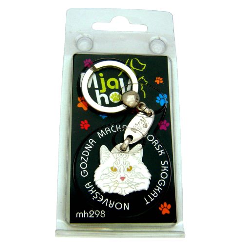 Custom personalized cat name tag Norwegian forest cat white

This unique, cute and quality cat id tag is offered with laser engraved name and phone no. or your custom text. Stainless steel split ring for easy attachment to your pets collar. All items are also available as keychains.
Gift for cats and cat lovers.

Color: colored/silver
Size: 29 x 25 mm

Engraving area: 20 x 15 mm
Laser engraving personalization on the back side is included in the price. Enter the text you wish to have engraved. Suggestion: cat's name and phone number. We engrave on the back side of the tag. Engraving will be centered and easy to read. If you go over the recommended count then the text becomes smaller, and harder to read.

Metal, chrome plated cat tag or key ring. 
Hand made, hand colored, made in Slovenia. 

In stock.
