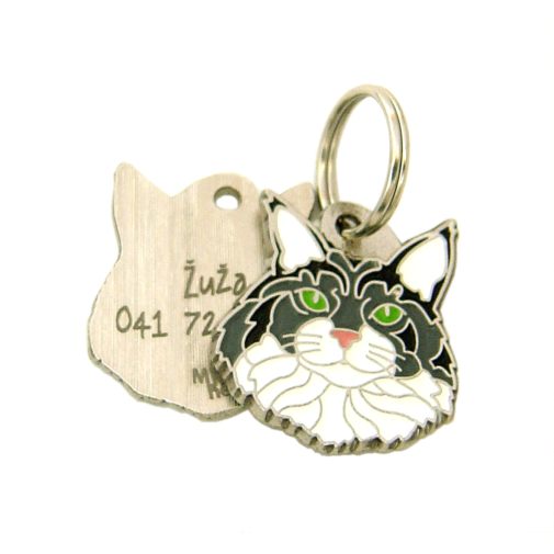 Custom personalized cat name tag Maine coon

This unique, cute and quality cat id tag is offered with laser engraved name and phone no. or your custom text. Stainless steel split ring for easy attachment to your pets collar. All items are also available as keychains.
Gift for cats and cat lovers.

Color: colored/silver
Size: 28 x 26 mm

Engraving area: 20 x 12 mm
Laser engraving personalization on the back side is included in the price. Enter the text you wish to have engraved. Suggestion: cat's name and phone number. We engrave on the back side of the tag. Engraving will be centered and easy to read. If you go over the recommended count then the text becomes smaller, and harder to read.

Metal, chrome plated cat tag or key ring. 
Hand made, hand colored, made in Slovenia. 

In stock.
