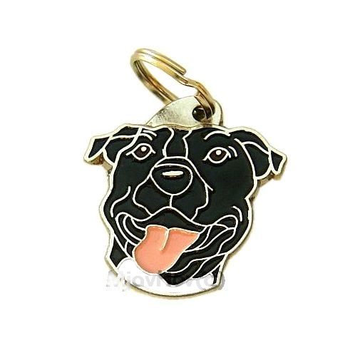Custom personalized dog name tag AMERICAN STAFFORDSHIRE TERRIER BLACK
Color: colored/silver 
Dim:  32 x 33 mm
Engraving area: 
20 x 19 mm
Metal, chrome plated pet tag.
 
Personalized laser engraving on the back side included.

Hand made 
MADE IN SLOVENIA

In stock.
