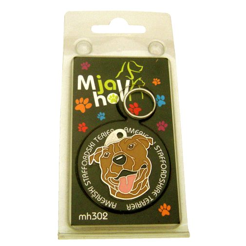 Custom personalized dog name tag AMERICAN STAFFORDSHIRE TERRIER BROWN
Color: colored/silver 
Dim:  32 x 33 mm
Engraving area: 
20 x 19 mm
Metal, chrome plated pet tag.
 
Personalized laser engraving on the back side included.

Hand made 
MADE IN SLOVENIA

In stock.
