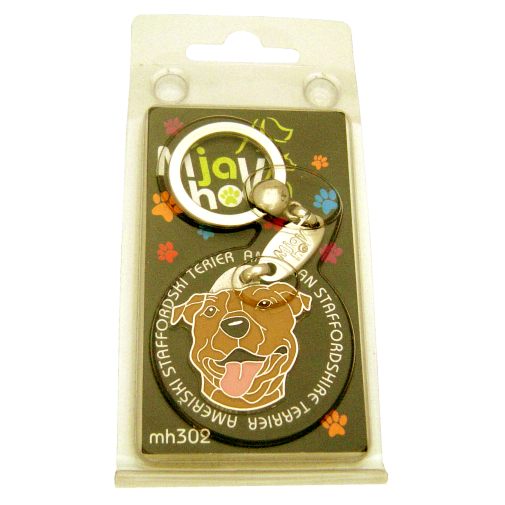 Custom personalized dog name tag AMERICAN STAFFORDSHIRE TERRIER BROWN
Color: colored/silver 
Dim:  32 x 33 mm
Engraving area: 
20 x 19 mm
Metal, chrome plated pet tag.
 
Personalized laser engraving on the back side included.

Hand made 
MADE IN SLOVENIA

In stock.
