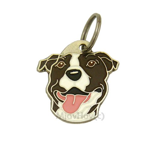 Custom personalized dog name tag American staffordshire terrier white brindle

This unique, cute and quality dog id tag is offered with laser engraved name and phone no. or your custom text. Stainless steel split ring for easy attachment to your pets collar. All items are also available as keychains.
Gift for dogs and dog lovers.

Color: colored/silver
Size: 32 x 33 mm

Engraving area: 20 x 19 mm
Laser engraving personalization on the back side is included in the price. Enter the text you wish to have engraved. Suggestion: dog's name and phone number. We engrave on the back side of the tag. Engraving will be centered and easy to read. If you go over the recommended count then the text becomes smaller, and harder to read.

Metal, chrome plated dog tag or key ring. 
Hand made, hand colored, made in Slovenia. 

In stock.
