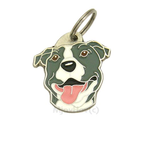 Custom personalized dog name tag AMERICAN STAFFORDSHIRE TERRIER GREY WHITE
Color: colored/silver 
Dim:  32 x 33 mm
Engraving area: 
20 x 19 mm
Metal, chrome plated pet tag.
 
Personalized laser engraving on the back side included.

Hand made 
MADE IN SLOVENIA

In stock.
