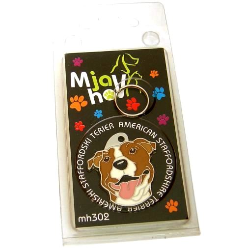 Custom personalized dog name tag AMERICAN STAFFORDSHIRE TERRIER WH/BR
Color: colored/silver 
Dim: 32 x 33 mm
Engraving area: 
20 x 19 mm
Metal, chrome plated pet tag.
 
Personalized laser engraving on the back side included.

Hand made 
MADE IN SLOVENIA

In stock.
