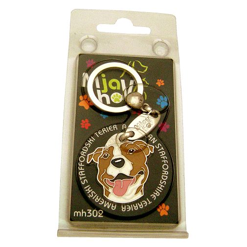 Custom personalized dog name tag AMERICAN STAFFORDSHIRE TERRIER WH/BR
Color: colored/silver 
Dim: 32 x 33 mm
Engraving area: 
20 x 19 mm
Metal, chrome plated pet tag.
 
Personalized laser engraving on the back side included.

Hand made 
MADE IN SLOVENIA

In stock.
