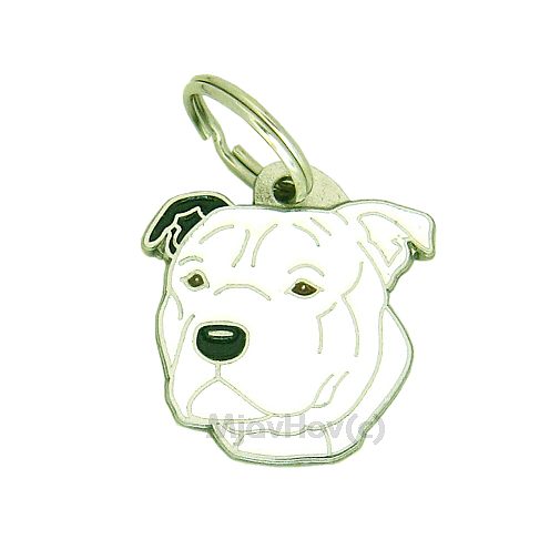 ﻿Namnbricka för hund med personlig gravyr Staffordshire bullterrier vit, svart öra

Färg: färgat/silver 
Storleken på den hängande: 28 x 31 mm
Maximal storlek gravyr: 20 x 18 mm

Brickorna är kvalitativa, kromade och handmålade.
 
Lasergraverade inskription på baksidan av hundbricka ingår i priset.

Alla ID-brickor levereras med en ring, för enkel och säker montering på djurets halsband.

Handgjorda, tillverkade i Slovenien.

På lager.
