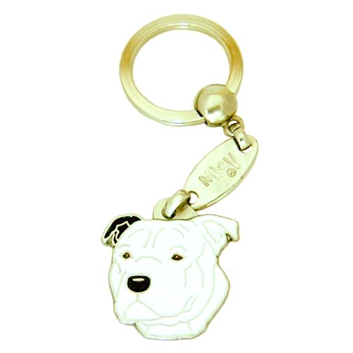 Custom personalized dog name tag Staffordshire bullterrier white, black ear

This unique, cute and quality dog id tag is offered with laser engraved name and phone no. or your custom text. Stainless steel split ring for easy attachment to your pets collar. All items are also available as keychains.
Gift for dogs and dog lovers.

Color: colored/silver
Size: 28 x 31 mm

Engraving area: 20 x 18 mm
Laser engraving personalization on the back side is included in the price. Enter the text you wish to have engraved. Suggestion: dog's name and phone number. We engrave on the back side of the tag. Engraving will be centered and easy to read. If you go over the recommended count then the text becomes smaller, and harder to read.

Metal, chrome plated dog tag or key ring. 
Hand made, hand colored, made in Slovenia. 

In stock.
