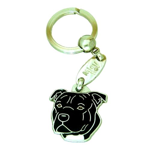 Custom personalized dog name tag Staffordshire bullterrier black

This unique, cute and quality dog id tag is offered with laser engraved name and phone no. or your custom text. Stainless steel split ring for easy attachment to your pets collar. All items are also available as keychains.
Gift for dogs and dog lovers.

Color: colored/silver
Size: 32 x 33 mm

Engraving area: 20 x 19 mm
Laser engraving personalization on the back side is included in the price. Enter the text you wish to have engraved. Suggestion: dog's name and phone number. We engrave on the back side of the tag. Engraving will be centered and easy to read. If you go over the recommended count then the text becomes smaller, and harder to read.

Metal, chrome plated dog tag or key ring. 
Hand made, hand colored, made in Slovenia. 

In stock.
