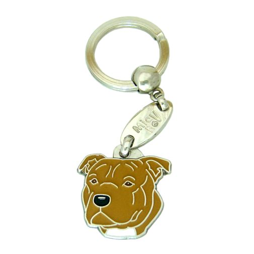 Custom personalized dog name tag Staffordshire bullterrier brown

This unique, cute and quality dog id tag is offered with laser engraved name and phone no. or your custom text. Stainless steel split ring for easy attachment to your pets collar. All items are also available as keychains.
Gift for dogs and dog lovers.

Color: colored/silver
Size: 28 x 31 mm

Engraving area: 20 x 18 mm
Laser engraving personalization on the back side is included in the price. Enter the text you wish to have engraved. Suggestion: dog's name and phone number. We engrave on the back side of the tag. Engraving will be centered and easy to read. If you go over the recommended count then the text becomes smaller, and harder to read.

Metal, chrome plated dog tag or key ring. 
Hand made, hand colored, made in Slovenia. 

In stock.
