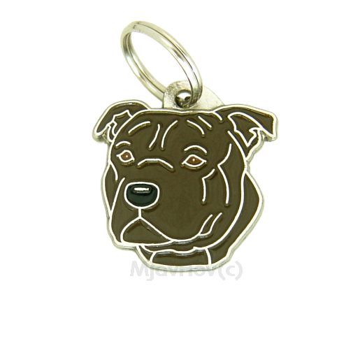Custom personalized dog name tag Staffordshire bullterrier brindle

This unique, cute and quality dog id tag is offered with laser engraved name and phone no. or your custom text. Stainless steel split ring for easy attachment to your pets collar. All items are also available as keychains.
Gift for dogs and dog lovers.

Color: colored/silver
Size: 28 x 31 mm

Engraving area: 20 x 18 mm
Laser engraving personalization on the back side is included in the price. Enter the text you wish to have engraved. Suggestion: dog's name and phone number. We engrave on the back side of the tag. Engraving will be centered and easy to read. If you go over the recommended count then the text becomes smaller, and harder to read.

Metal, chrome plated dog tag or key ring. 
Hand made, hand colored, made in Slovenia. 

In stock.
