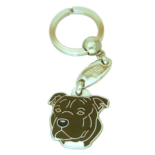 Custom personalized dog name tag Staffordshire bullterrier brindle

This unique, cute and quality dog id tag is offered with laser engraved name and phone no. or your custom text. Stainless steel split ring for easy attachment to your pets collar. All items are also available as keychains.
Gift for dogs and dog lovers.

Color: colored/silver
Size: 28 x 31 mm

Engraving area: 20 x 18 mm
Laser engraving personalization on the back side is included in the price. Enter the text you wish to have engraved. Suggestion: dog's name and phone number. We engrave on the back side of the tag. Engraving will be centered and easy to read. If you go over the recommended count then the text becomes smaller, and harder to read.

Metal, chrome plated dog tag or key ring. 
Hand made, hand colored, made in Slovenia. 

In stock.
