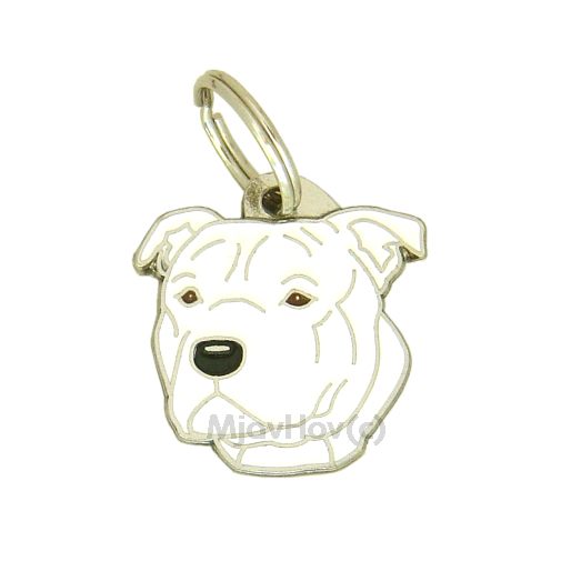Custom personalized dog name tag Staffordshire bullterrier white

This unique, cute and quality dog id tag is offered with laser engraved name and phone no. or your custom text. Stainless steel split ring for easy attachment to your pets collar. All items are also available as keychains.
Gift for dogs and dog lovers.

Color: colored/silver
Size: 28 x 31 mm

Engraving area: 20 x 18 mm
Laser engraving personalization on the back side is included in the price. Enter the text you wish to have engraved. Suggestion: dog's name and phone number. We engrave on the back side of the tag. Engraving will be centered and easy to read. If you go over the recommended count then the text becomes smaller, and harder to read.

Metal, chrome plated dog tag or key ring. 
Hand made, hand colored, made in Slovenia. 

In stock.
