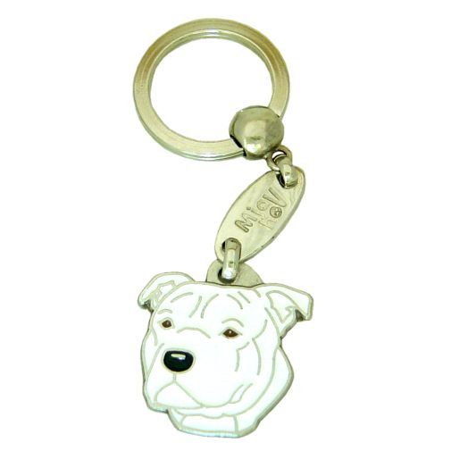 Custom personalized dog name tag Staffordshire bullterrier white

This unique, cute and quality dog id tag is offered with laser engraved name and phone no. or your custom text. Stainless steel split ring for easy attachment to your pets collar. All items are also available as keychains.
Gift for dogs and dog lovers.

Color: colored/silver
Size: 28 x 31 mm

Engraving area: 20 x 18 mm
Laser engraving personalization on the back side is included in the price. Enter the text you wish to have engraved. Suggestion: dog's name and phone number. We engrave on the back side of the tag. Engraving will be centered and easy to read. If you go over the recommended count then the text becomes smaller, and harder to read.

Metal, chrome plated dog tag or key ring. 
Hand made, hand colored, made in Slovenia. 

In stock.
