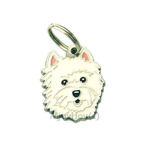 Custom personalized dog name tag West highland white terrier

This unique, cute and quality dog id tag is offered with laser engraved name and phone no. or your custom text. Stainless steel split ring for easy attachment to your pets collar. All items are also available as keychains.
Gift for dogs and dog lovers.

Color: colored/silver
Size: 26 x 32 mm

Engraving area: 19 x 19 mm
Laser engraving personalization on the back side is included in the price. Enter the text you wish to have engraved. Suggestion: dog's name and phone number. We engrave on the back side of the tag. Engraving will be centered and easy to read. If you go over the recommended count then the text becomes smaller, and harder to read.

Metal, chrome plated dog tag or key ring. 
Hand made, hand colored, made in Slovenia. 

In stock.
