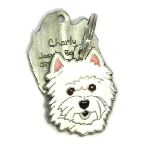 Custom personalized dog name tag West highland white terrier

This unique, cute and quality dog id tag is offered with laser engraved name and phone no. or your custom text. Stainless steel split ring for easy attachment to your pets collar. All items are also available as keychains.
Gift for dogs and dog lovers.

Color: colored/silver
Size: 26 x 32 mm

Engraving area: 19 x 19 mm
Laser engraving personalization on the back side is included in the price. Enter the text you wish to have engraved. Suggestion: dog's name and phone number. We engrave on the back side of the tag. Engraving will be centered and easy to read. If you go over the recommended count then the text becomes smaller, and harder to read.

Metal, chrome plated dog tag or key ring. 
Hand made, hand colored, made in Slovenia. 

In stock.
