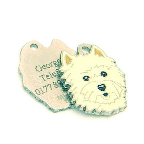 Custom personalized dog name tag Cairn terrier cream

This unique, cute and quality dog id tag is offered with laser engraved name and phone no. or your custom text. Stainless steel split ring for easy attachment to your pets collar. All items are also available as keychains.
Gift for dogs and dog lovers.

Color: colored/silver
Size: 26 x 32 mm

Engraving area: 19 x 19 mm
Laser engraving personalization on the back side is included in the price. Enter the text you wish to have engraved. Suggestion: dog's name and phone number. We engrave on the back side of the tag. Engraving will be centered and easy to read. If you go over the recommended count then the text becomes smaller, and harder to read.

Metal, chrome plated dog tag or key ring. 
Hand made, hand colored, made in Slovenia. 

In stock.
